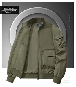 Close-up of military green work jacket featuring tactical arm pockets and ribbed cuffs