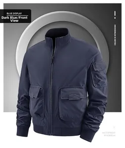 Detail view of navy blue cargo jacket showing waterproof fabric and utility pockets