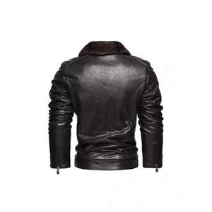 Giacca in pelle nera da uomo con colletto in pelliccia marrone, vista posteriore slim