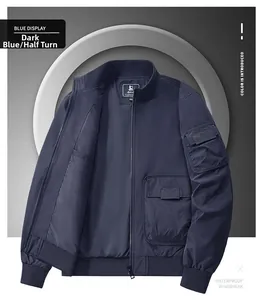 Detail of navy blue bomber jacket showing sleeve zipper pocket and ribbed cuffs
