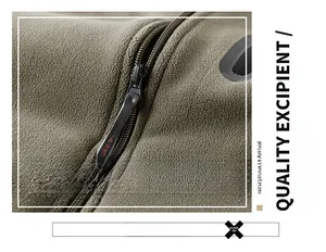 Close-up of durable metal zipper on army green polar fleece jacket with military style