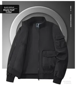Detail of black waterproof windbreaker jacket featuring utility flap pockets and high collar