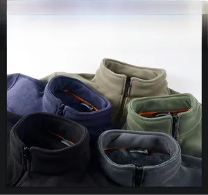 Detail of stand-up collar fleece jackets in five colors with orange inner piping