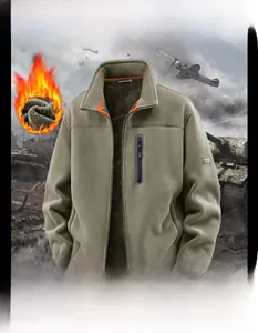 Detail of khaki fleece jacket featuring vertical zipper pocket and arm brand label