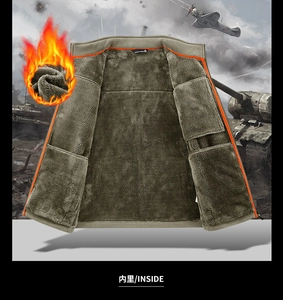 Detail of army green jacket showing thick grey fleece lining and orange zipper trim