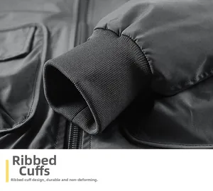 Detailed close-up of durable ribbed cuffs on a men's tactical bomber jacket