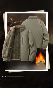 Detail view of the thick fleece lining and contrast stitching on this army green jacket