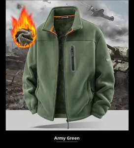 Macro detail of army green fleece jacket texture and chest zipper with high warmth logo
