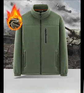 Detail of warm military green polar fleece jacket with high collar and chest pocket