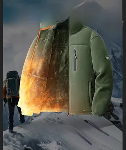 Detail of army green polar fleece jacket with thick thermal lining and orange piping