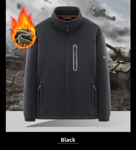 Detail of warm black fleece jacket with standing collar and zipper pocket for outdoor sports