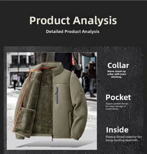 Detail view of olive green polar fleece jacket showing grey thick thermal lining and zipper