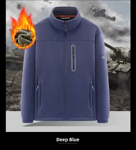 Detail of warm double-sided polar fleece jacket with high collar and chest pockets