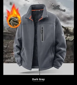 Detail view of winter dark gray fleece jacket with stand collar and warm inner lining
