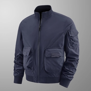 Marineblaue Herren Bomberjacke mit Multi-Taschen und klassischem Stehkragen-Design