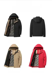 Three-color display of men's winter hooded parkas with faux fur and quilted lining