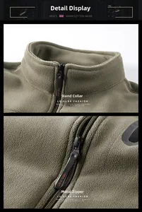 Detail of military green fleece jacket showing standing collar and metal zipper