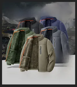 Detailed view of heavy fleece jacket with stand collar and zipper pocket in five colors