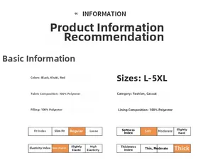 Size chart for graphene warm jacket with colors black, khaki, red and sizes L to 5XL