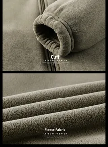Detail of army green polar fleece fabric texture and elastic ribbed cuffs for warmth