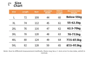 Size chart for men's padded jacket showing length, chest, and weight guide from L to 5XL