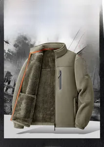 Detail of khaki fleece jacket with orange trim, warm lining and sleeve embroidery