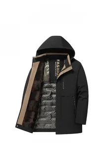 Detail of men's winter jacket showing brown faux fur lining and silver quilted interior