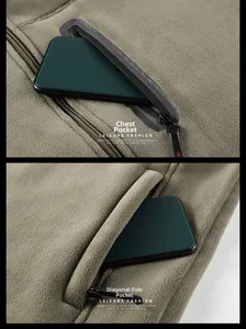 Detail of army green fleece jacket featuring waterproof chest zipper and side pockets