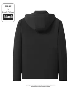 Rear view of black thermal graphene jacket for men featuring a detachable hood design
