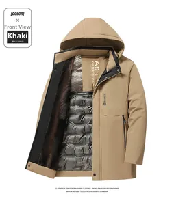 Detail of khaki winter jacket featuring thermal fleece lining and detachable hood structure