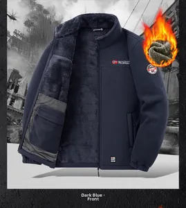 Detail of navy polar fleece jacket featuring thick grey lining and Norway Outdoor logo