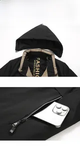 Detail view of the detachable hood and large side zipper pocket on a men's winter jacket