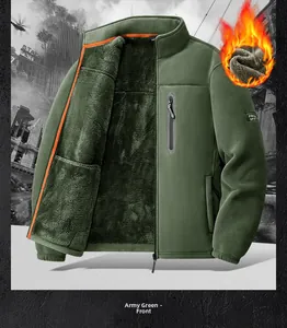 Detail of army green fleece jacket featuring orange inner trim and sleeve letter patch