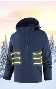 Detail of navy blue hooded outdoor jacket showing windproof zippers and heat maps