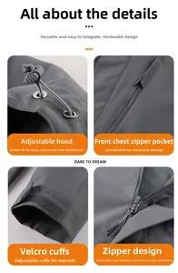 Detailed views of adjustable hood, waterproof zippers, and velcro cuffs on dark grey jacket