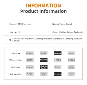 Specifications chart for polyester outdoor jacket showing sizes M-5XL and material details