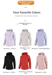 Detail showcasing women's outdoor hooded jackets in six different colors on white background