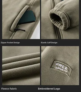 Detail of fleece jacket showing zipper pocket, elastic cuffs, and Free Spirit embroidery
