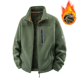 Men's outdoor army green double-sided polar fleece jacket with high collar and warm lining