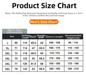 Detailed size chart for men outdoor waterproof jacket ranging from size L to 5XL