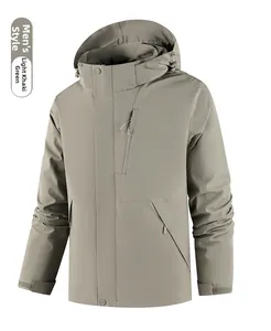 Detail of light army green outdoor windproof jacket showing chest zip and velcro cuffs