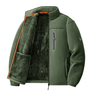 Army green fleece jacket with orange trim and standing collar for outdoor leisure