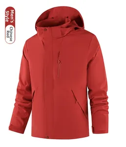 Detail view of red windproof hooded jacket with zipper pockets and adjustable cuffs