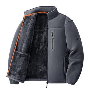 Thick polar fleece jacket with high collar and warm black plush lining in dark gray