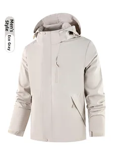 Detail view of men's waterproof windbreaker in eco-grey with adjustable hood and zip pockets