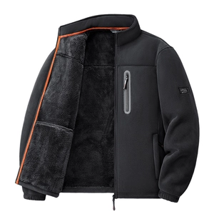 Heavyweight black fleece jacket with standing collar and thick plush thermal lining