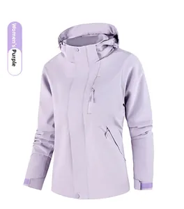 Detailed close-up of a purple waterproof hooded outdoor jacket with adjustable velcro cuffs