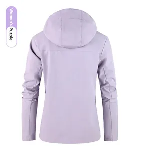 Rear view of a women's purple outdoor windproof hooded jacket with sleek fabric texture