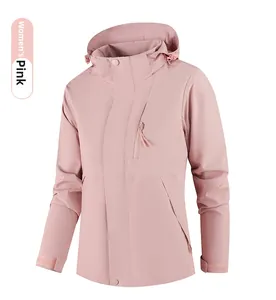 Detail of pink waterproof outdoor jacket for women with adjustable hood and velcro cuffs