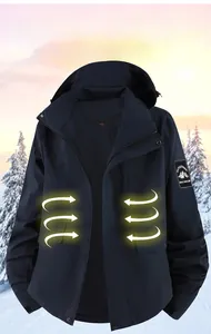 Detail of navy outdoor hooded jacket with sleeve logo and functional chest graphic